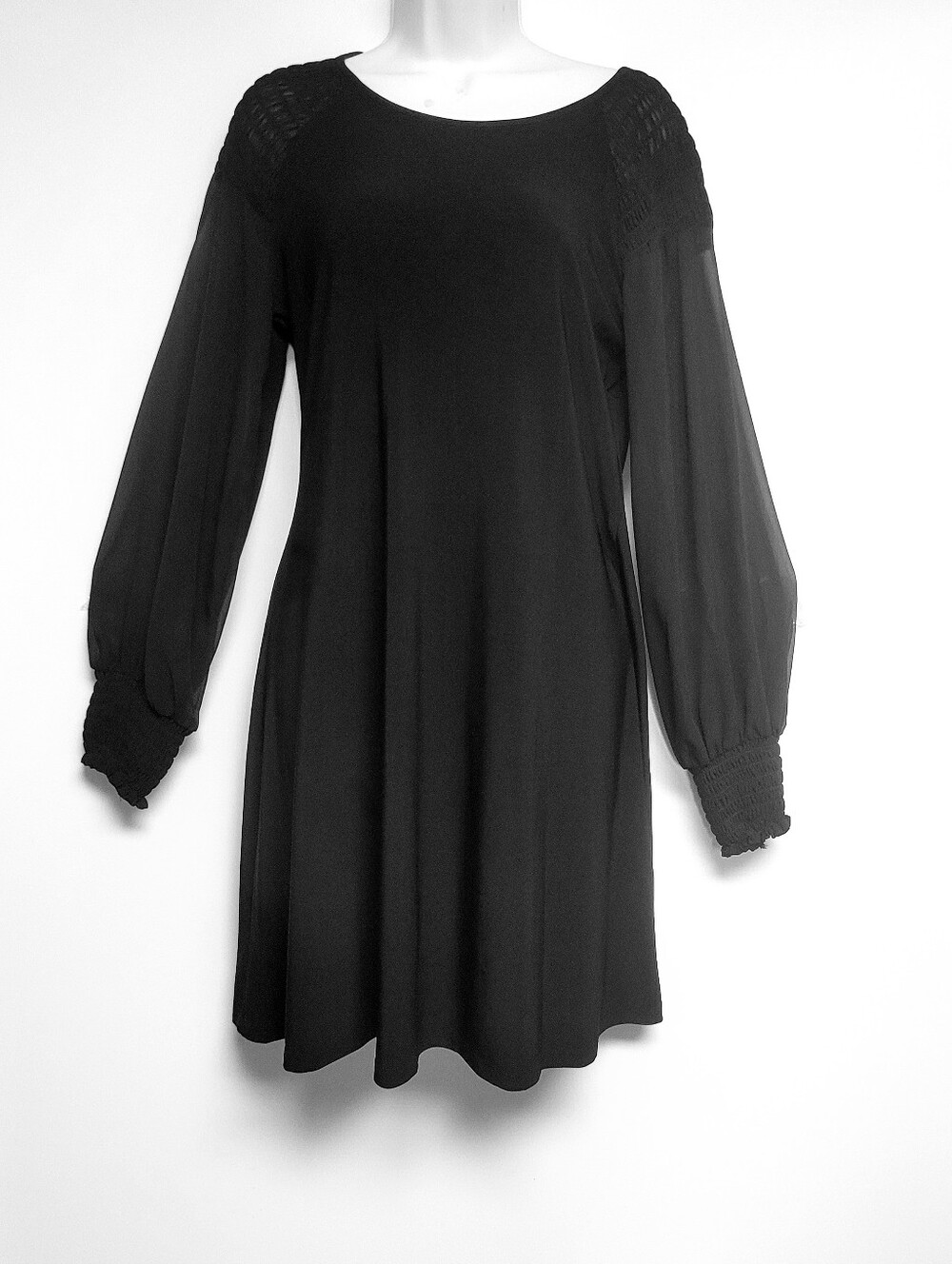 MSK Black Sheer Long-Sleeve Smocked-Yoke A-Line Midi Dress Small - Picture 3 of 8